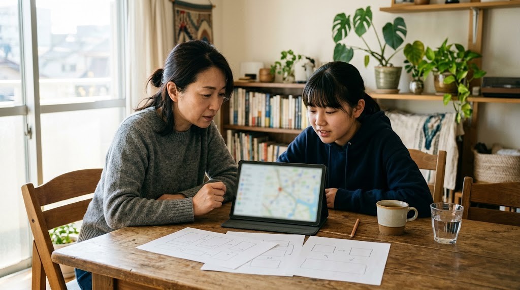 明るい部屋のテーブルで、母親と十代の子どもが並んで、地図が映ったタブレットを見ている様子