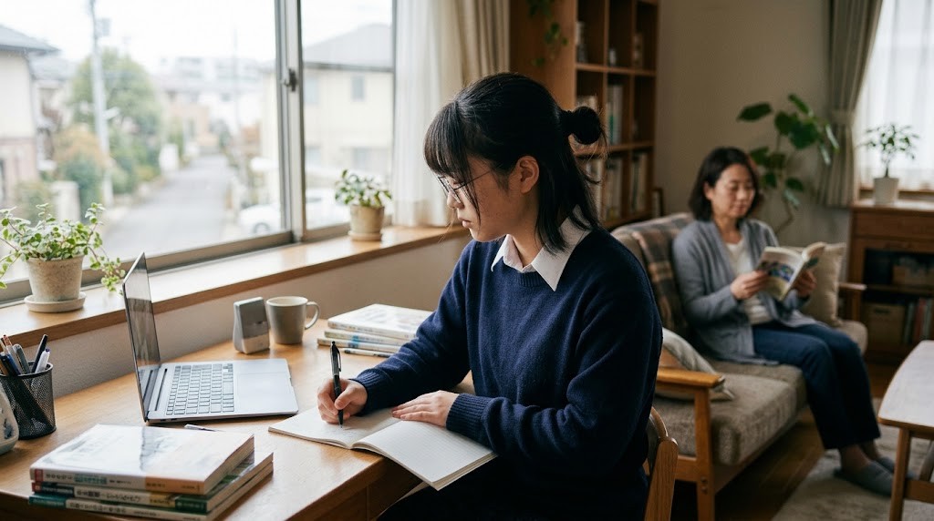 窓辺の机でノートパソコンを開きオンラインの授業を受ける高校生と、後ろのソファで本を読む保護者