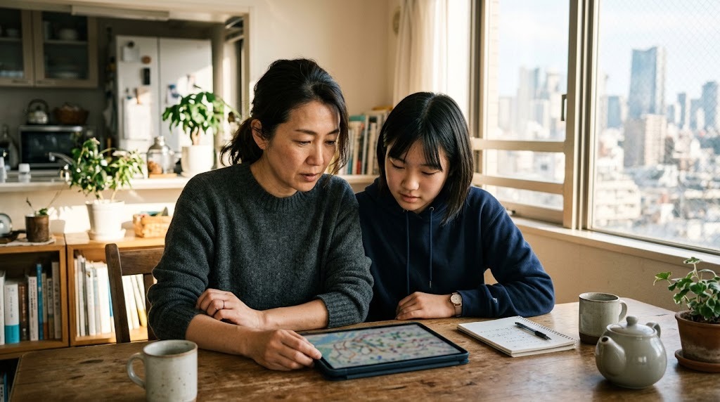 母親と高校生の子どもが自宅のテーブルで並んで座り、タブレットの地図を一緒に見ている。窓の外には東京の街並みが見える