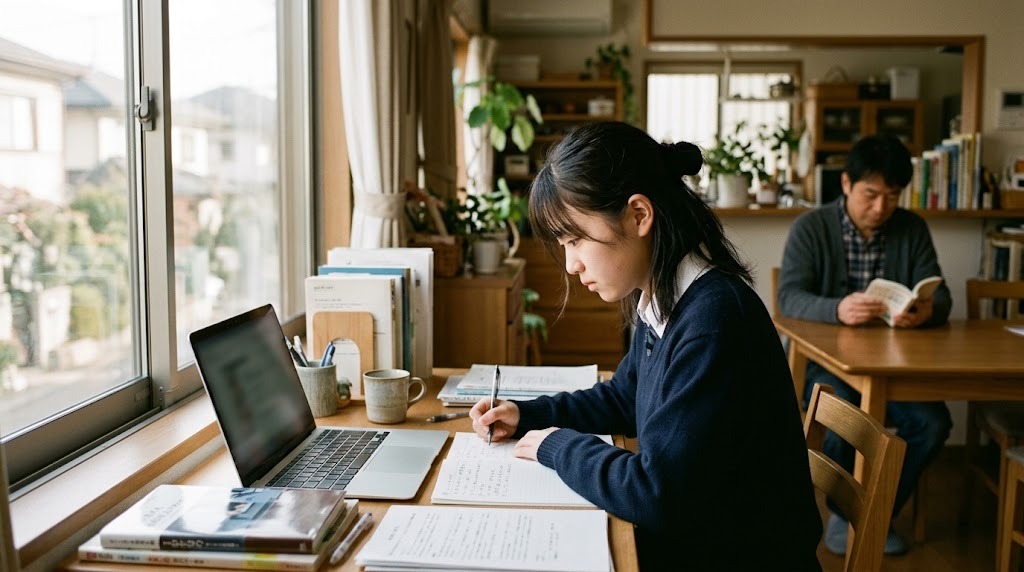 自宅の窓際の机で高校生がノートに書きながら勉強し、少し離れたテーブルで保護者が静かに本を読んでいる