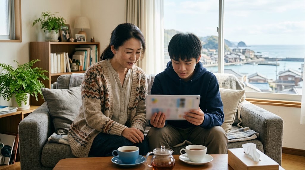 海辺の町が見える部屋のソファで、母親と十代の息子が並んでタブレットを見ている様子