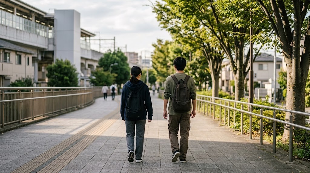 郊外の駅の近くの広いペデストリアンデッキを、二人の高校生が並んで歩いている後ろ姿