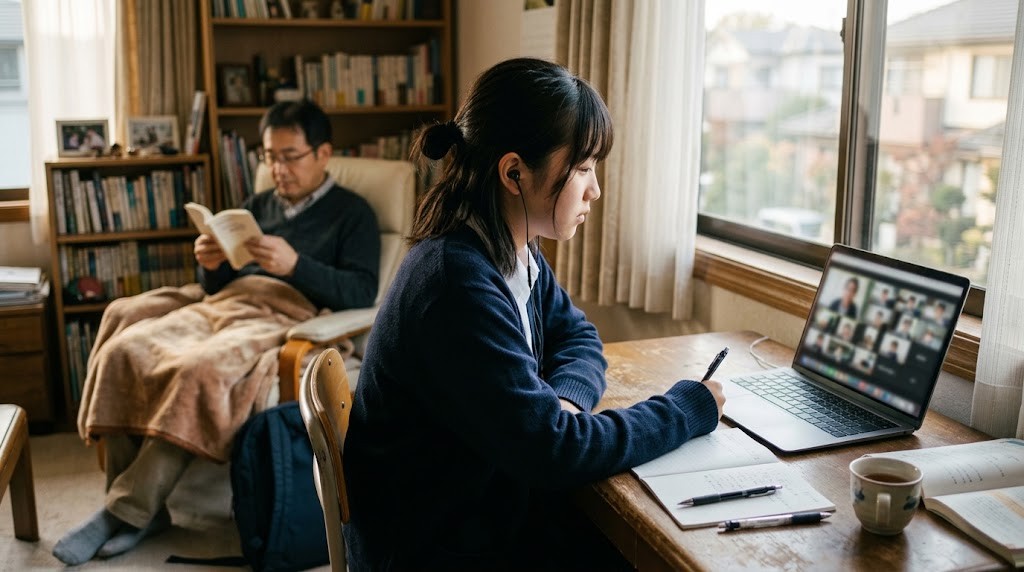 窓辺の机でノートパソコンのオンライン授業に参加する高校生と、後ろの椅子で本を読む父親