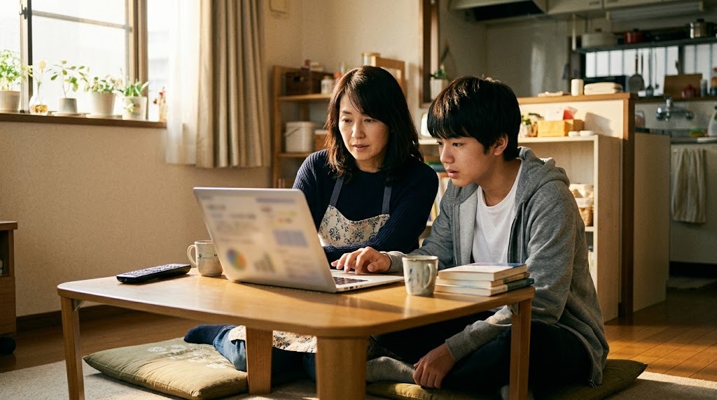 居間の座卓で、母親と息子がノートパソコンで学校を調べている