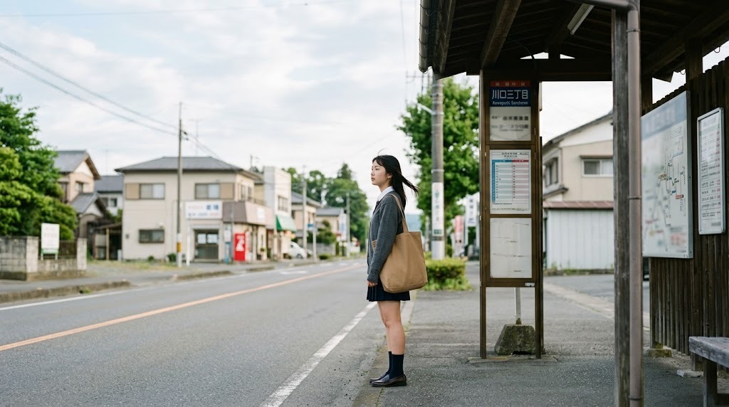 静かな通りのバス停で、生徒がバスを待っている