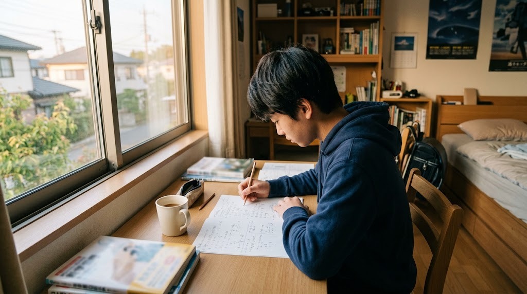 窓辺の机で、生徒がプリントに書き込んでいる