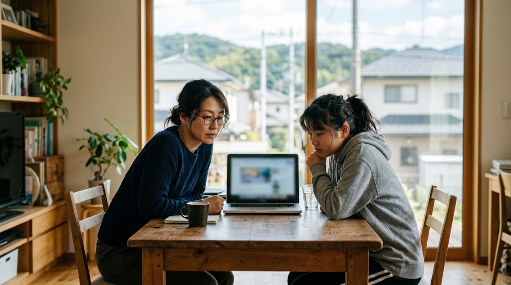 郊外の住宅と丘が見える窓のそばで、母親と高校生の子どもが並んでノートパソコンを見ている