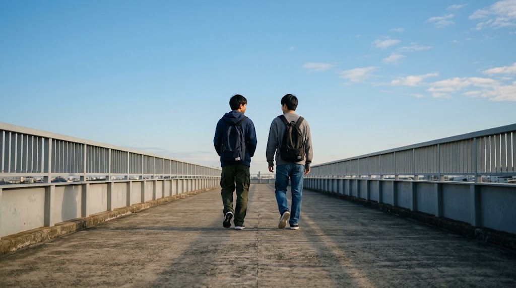 晴れた朝、広いペデストリアンデッキを並んで歩く2人の高校生を後ろから写した写真
