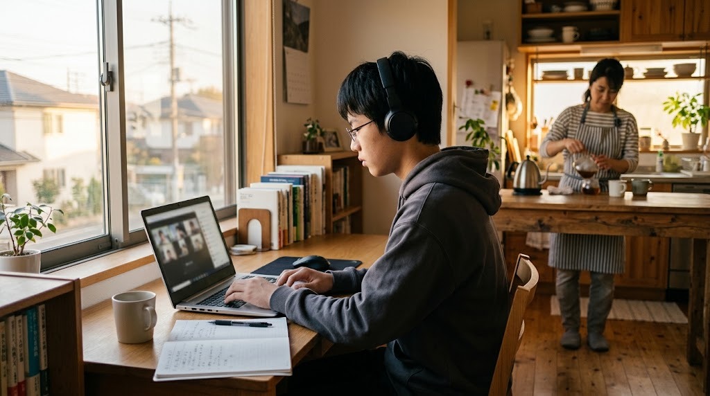 自宅の窓際でヘッドホンをつけ、ノートパソコンでオンラインの授業に参加する高校生。奥では保護者がお茶を用意している