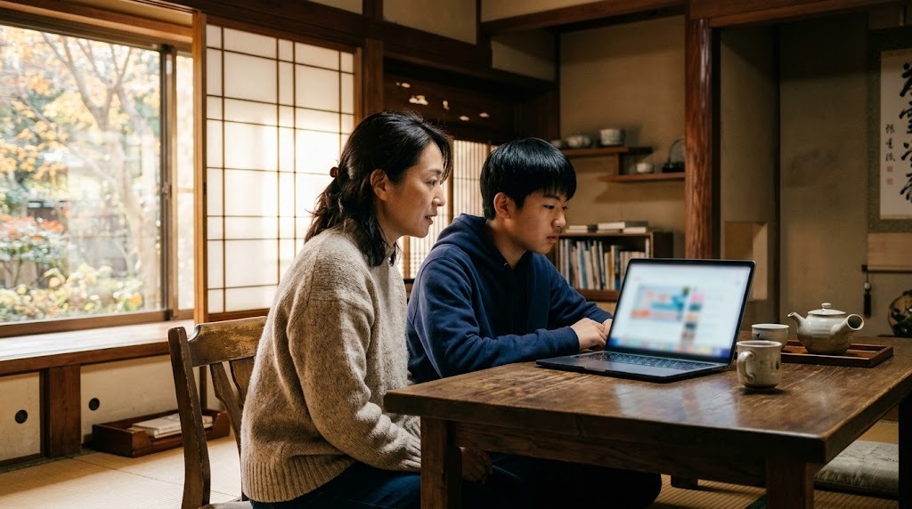 和室の座卓で、母親と息子がノートパソコンで学校を調べている