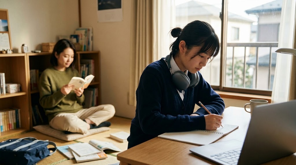 自室の机で生徒が課題を書き、うしろで姉が本を読んでいる