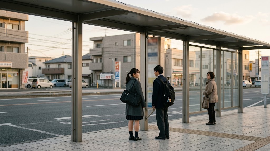 バス停の待合所で、2人の生徒と大人がバスを待っている