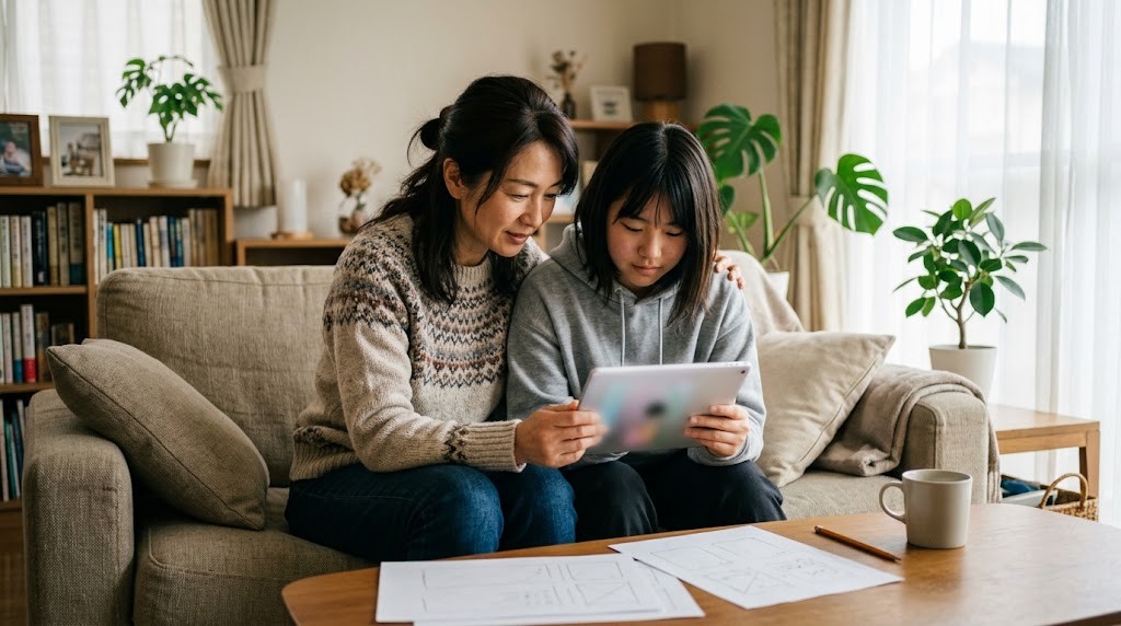 明るいリビングのソファで、母親と十代の子どもが並んでタブレットを見ている様子