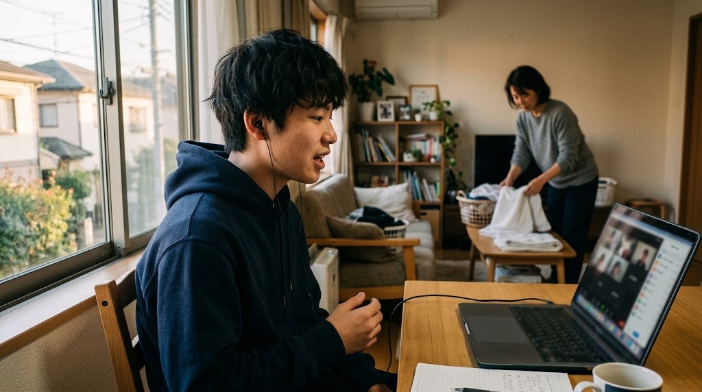 窓辺の机でノートパソコンのオンライン授業に参加する高校生と、後ろで洗濯物をたたむ保護者