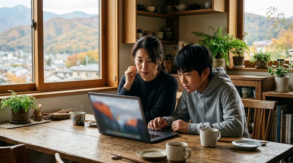 山に囲まれた街の家のダイニングで、母親と高校生の息子が並んでノートパソコンの画面を一緒に見ている
