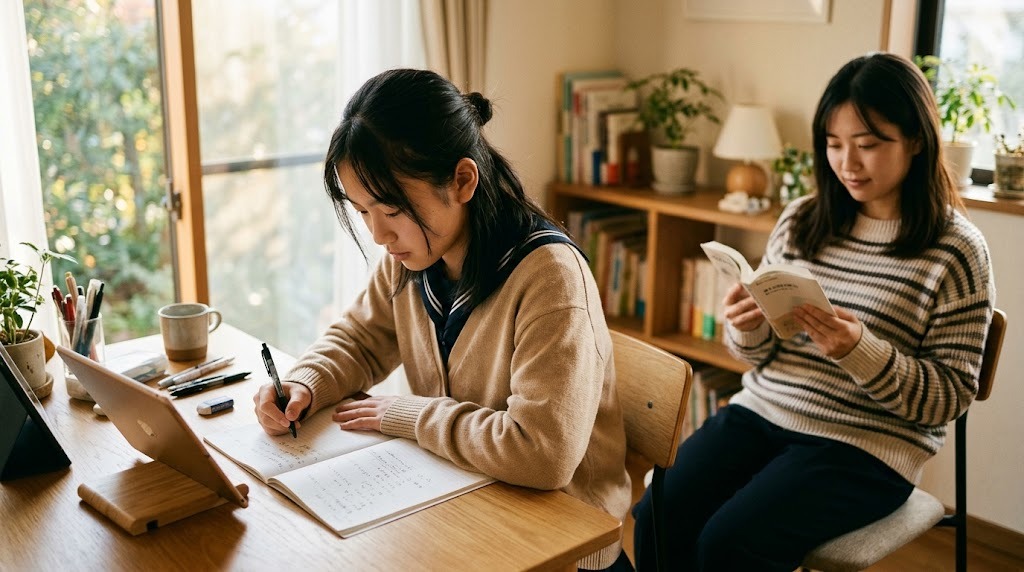 明るい部屋の机でノートに書きながら勉強する高校生と、そばで本を読んでいる姉