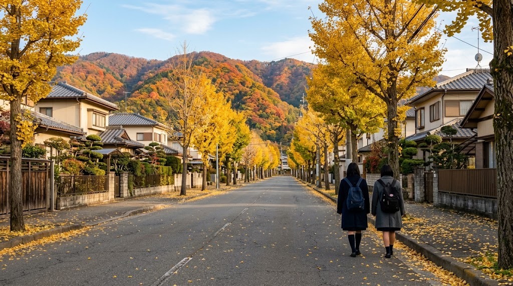 紅葉した山を背にしたイチョウ並木の住宅街の道を、2人の生徒が並んで歩いている