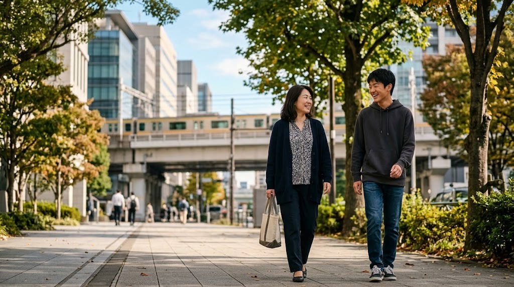 並木のある都心の歩道を、母親と十代の息子が話しながら並んで歩いている様子