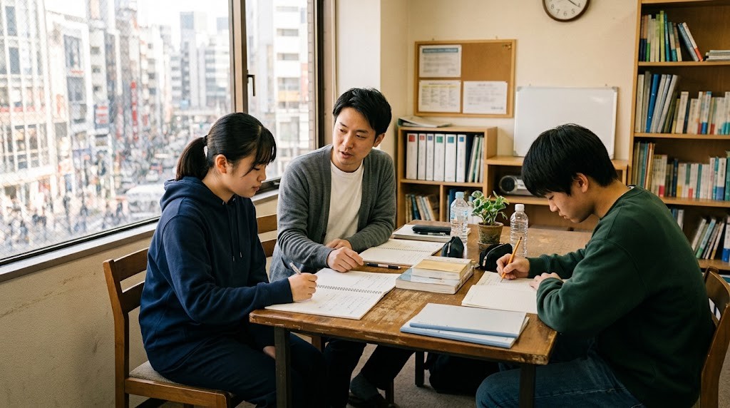 ビルの明るい学習室で、二人の高校生がノートに向かい、スタッフが一人の隣で説明している様子