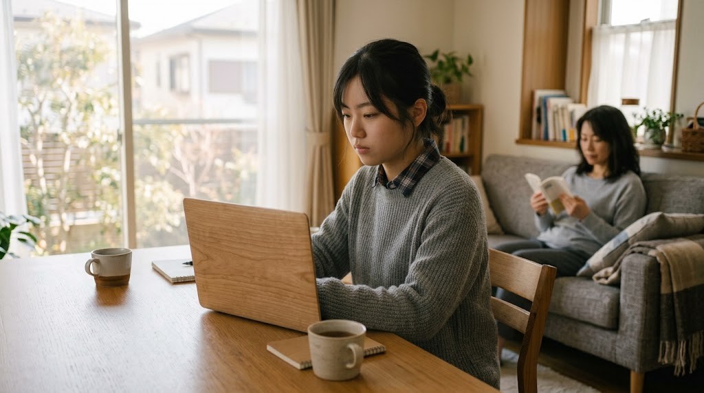自宅のダイニングテーブルでノートパソコンのオンライン授業に参加する高校生と、後ろのソファで本を読む保護者
