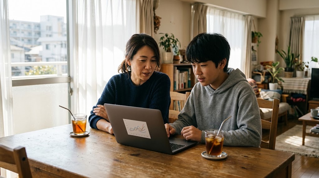 明るい部屋の食卓で、母親と息子がノートパソコンで学校を調べている