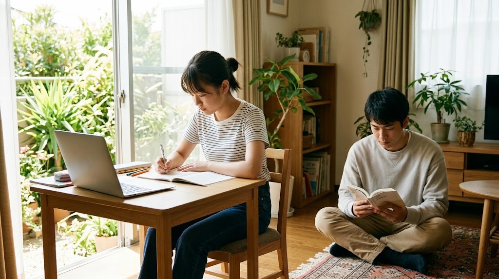 窓辺の机で生徒が勉強し、うしろで兄が本を読んでいる