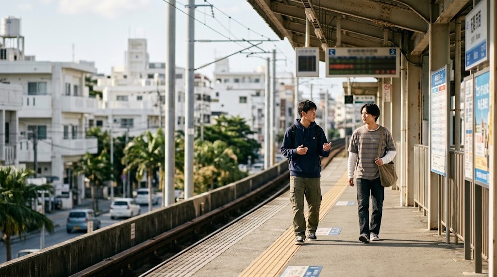 高架のホームを、2人の高校生が歩いている