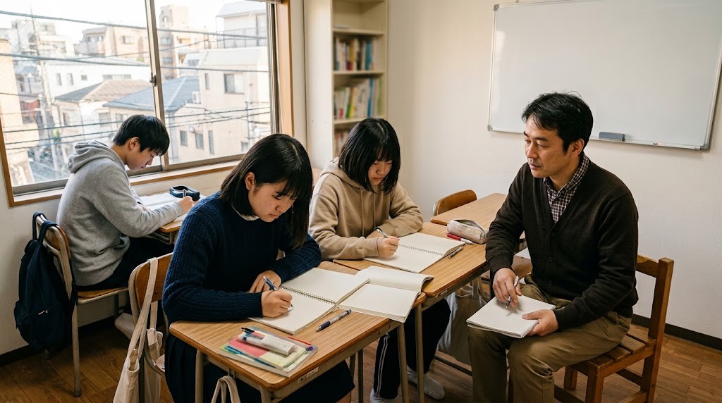 机が数台だけの明るい教室で、三人の高校生がノートに向かい、先生が一人の隣で話を聞いている様子