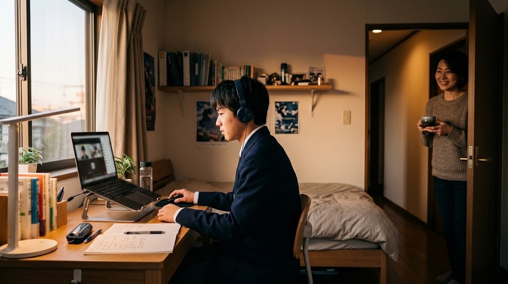 自室の机でノートパソコンのオンライン授業に参加する高校生と、お茶を運んでくる母親