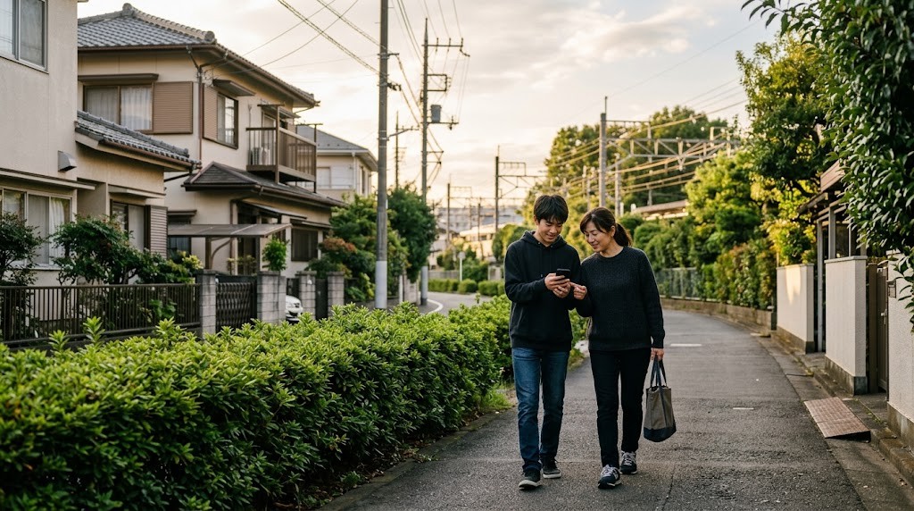 夕方の住宅街の道を、母親と十代の息子が並んで歩き、スマートフォンを一緒に見ている様子