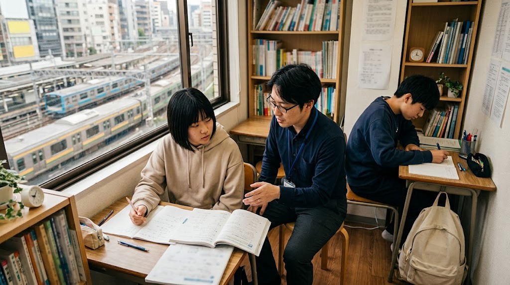 駅の近くのビルの明るい学習室で、二人の高校生が机に向かい、スタッフが一人の隣で説明している様子
