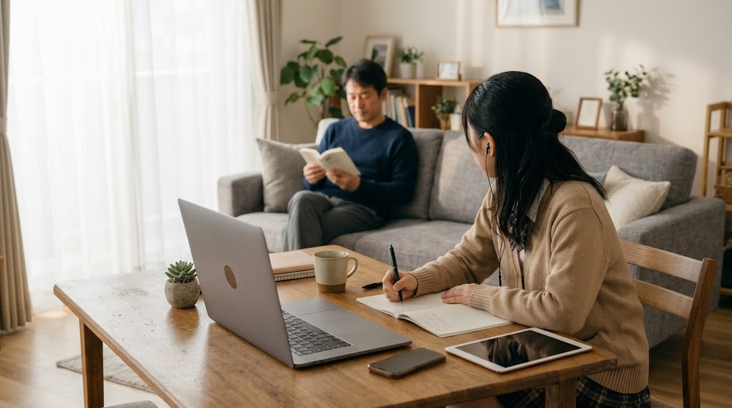 自宅のリビングのテーブルでノートパソコンのオンライン授業に参加する高校生と、後ろのソファで本を読む父親
