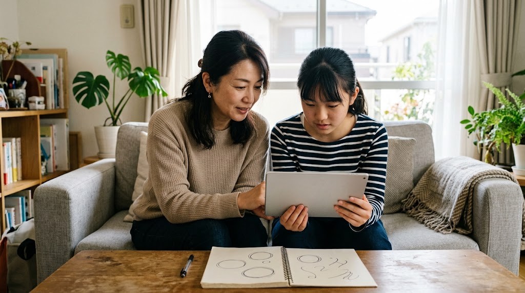 明るいリビングのソファで、母親と十代の娘が並んで、路線図が映ったタブレットを見ている様子