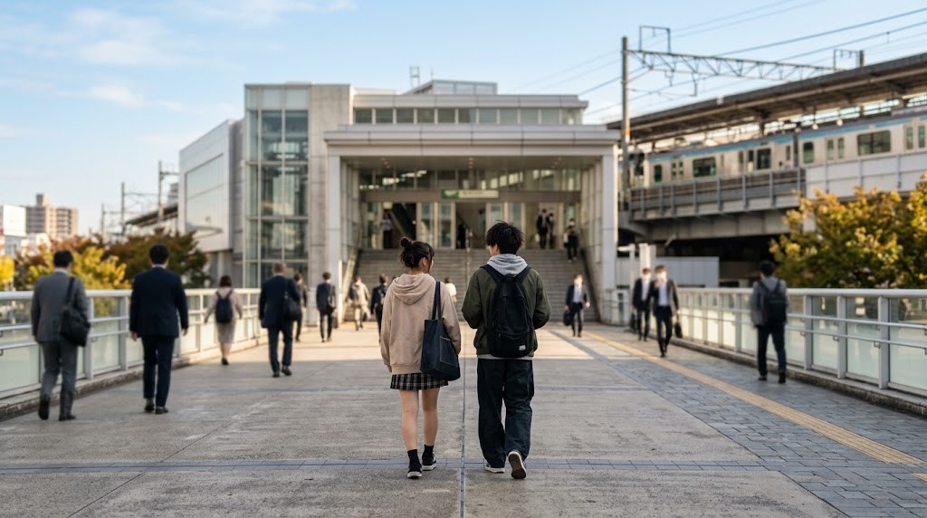 大きな駅の前のペデストリアンデッキを、二人の高校生が並んで歩いている後ろ姿