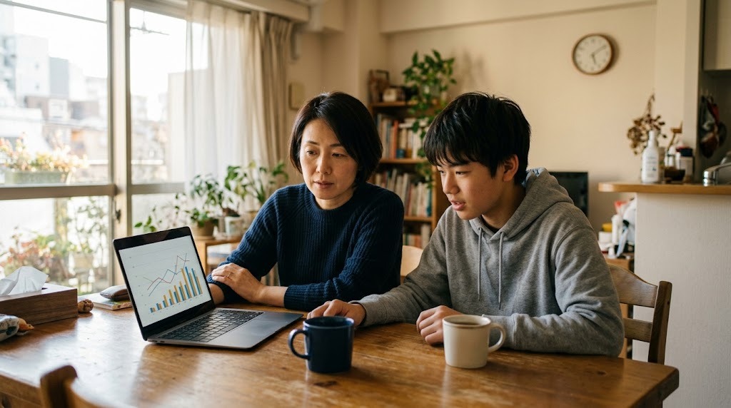 明るいリビングのテーブルで、母親と高校生の息子が並んでノートパソコンのグラフを一緒に見ている