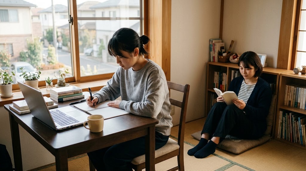 窓際の机でノートに書きながら勉強する高校生と、畳に座って本を読む姉