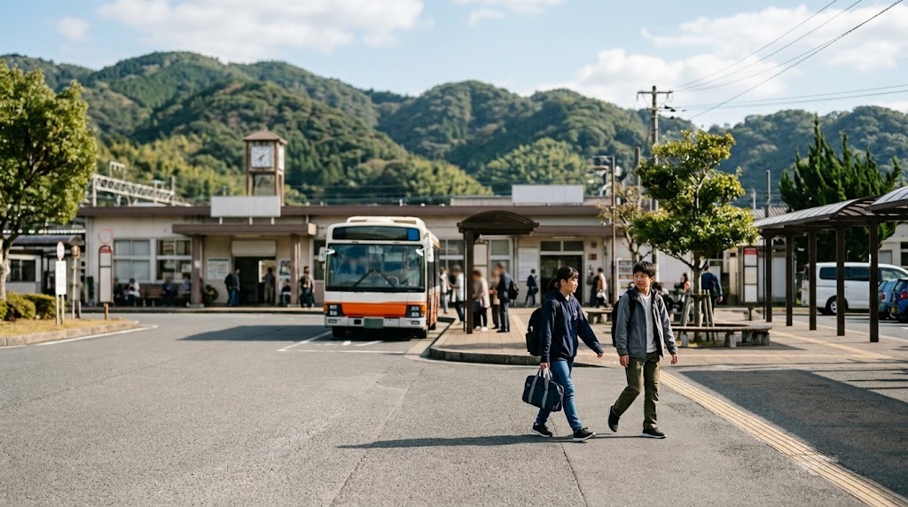 山を背にした地方の駅前のバスロータリーを、2人の高校生が並んで歩いている