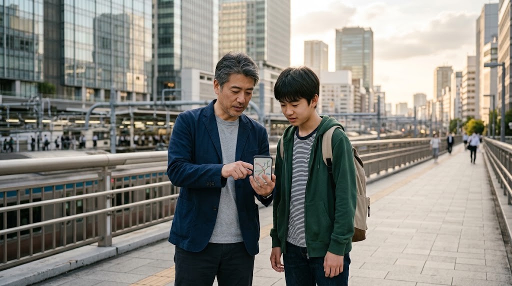 駅の近くのペデストリアンデッキで、父親と十代の息子が並んでスマートフォンの路線図を見ている様子