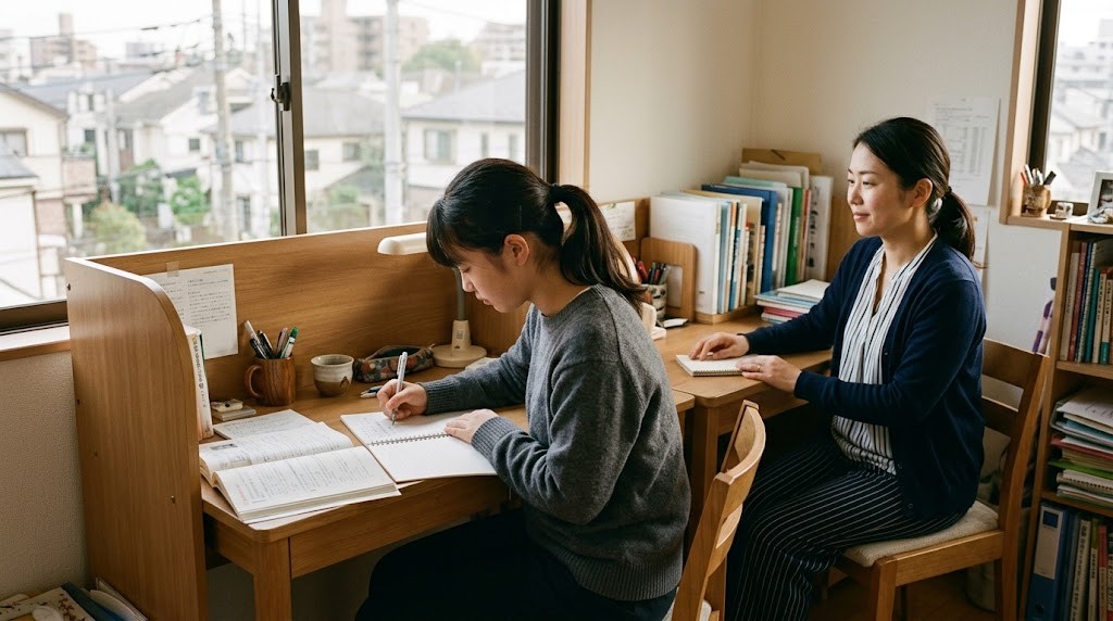 住宅街の建物の落ち着いた学習室で、高校生が仕切りのある机に向かい、女性スタッフが隣で話を聞いている様子