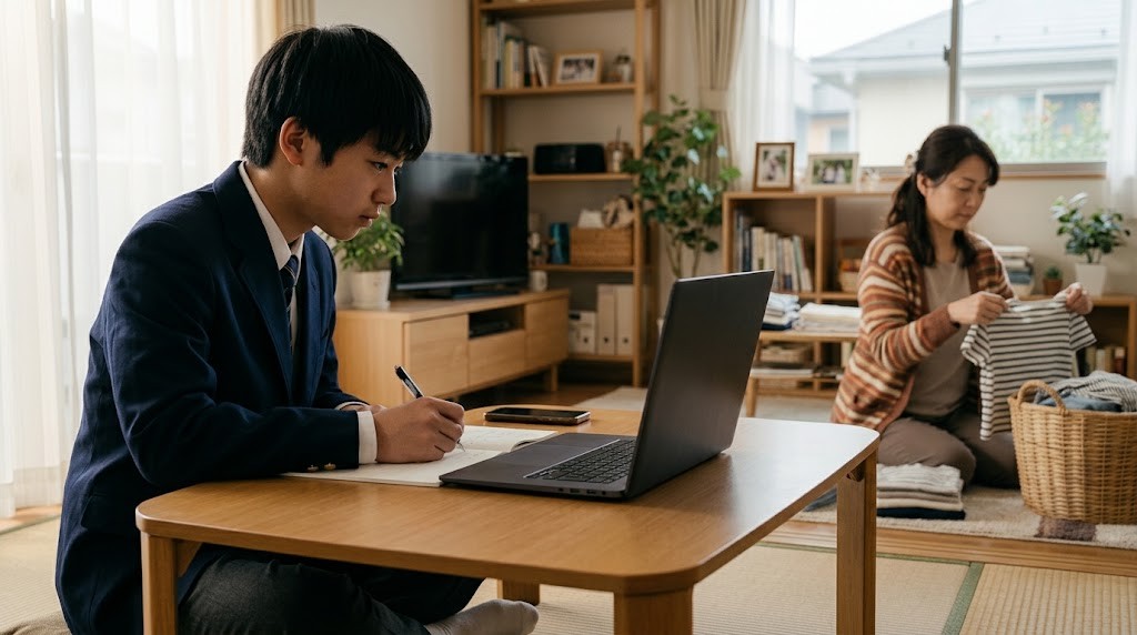 自宅の居間の低いテーブルでノートパソコンのオンライン授業に参加する高校生と、近くで洗濯物をたたむ母親