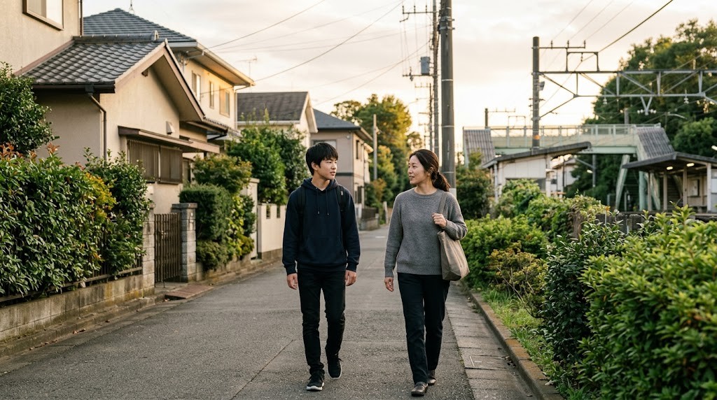 夕方の住宅街の道を、母親と十代の息子が話しながら並んで歩いている様子
