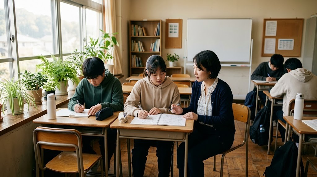 机が4台ほどの明るい教室で、二人の高校生がノートに向かい、先生が一人の隣で説明している様子