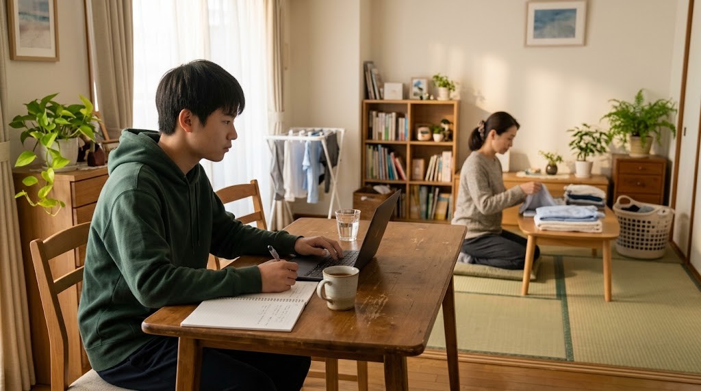 自宅の居間の木のテーブルでノートパソコンのオンライン授業に参加する高校生と、後ろで洗濯物をたたむ保護者