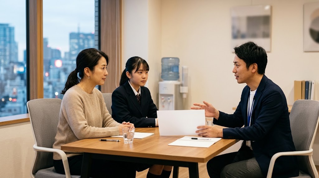 スタッフに学費や進路を相談する保護者と生徒