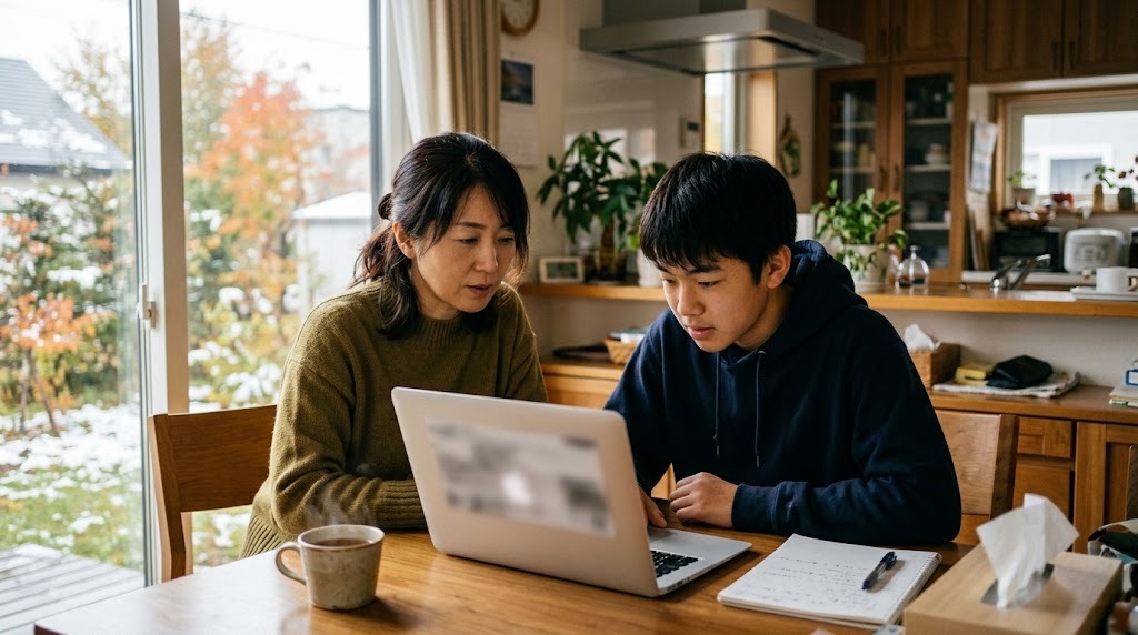 自宅の食卓で、母親と息子がノートパソコンで学校を調べている