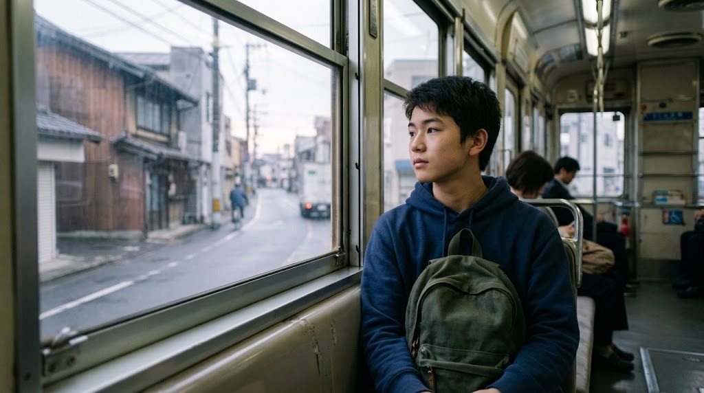 朝の市電の窓ぎわで、リュックを持った生徒が外を見ている