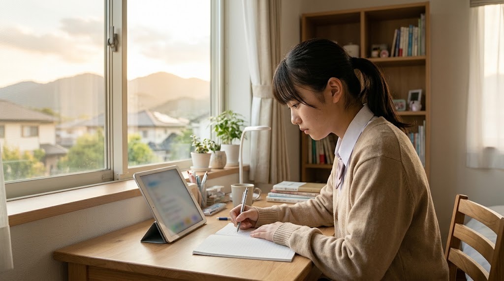 窓辺の机で、生徒がタブレットを見ながらノートに書いている