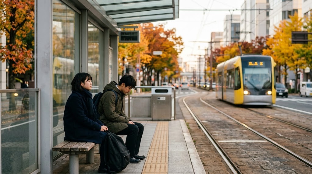 秋の街なかの電停のベンチで、二人の高校生が近づいてくる路面電車を待っている様子