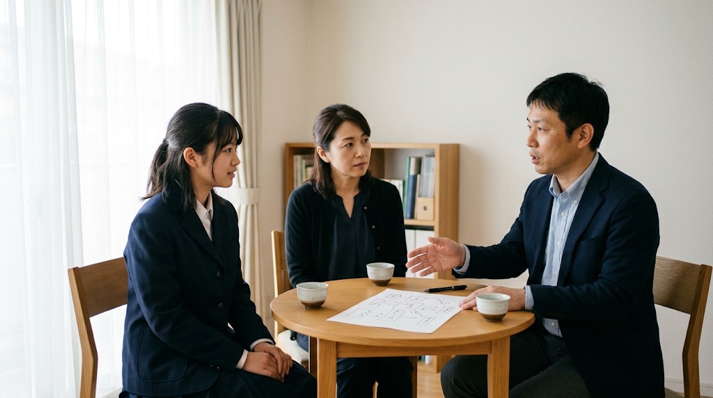丸いテーブルで先生に進路を相談する保護者と生徒
