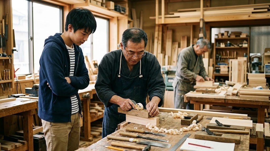 木工の作業場で、職人の手元を高校生が横に立って見ている様子